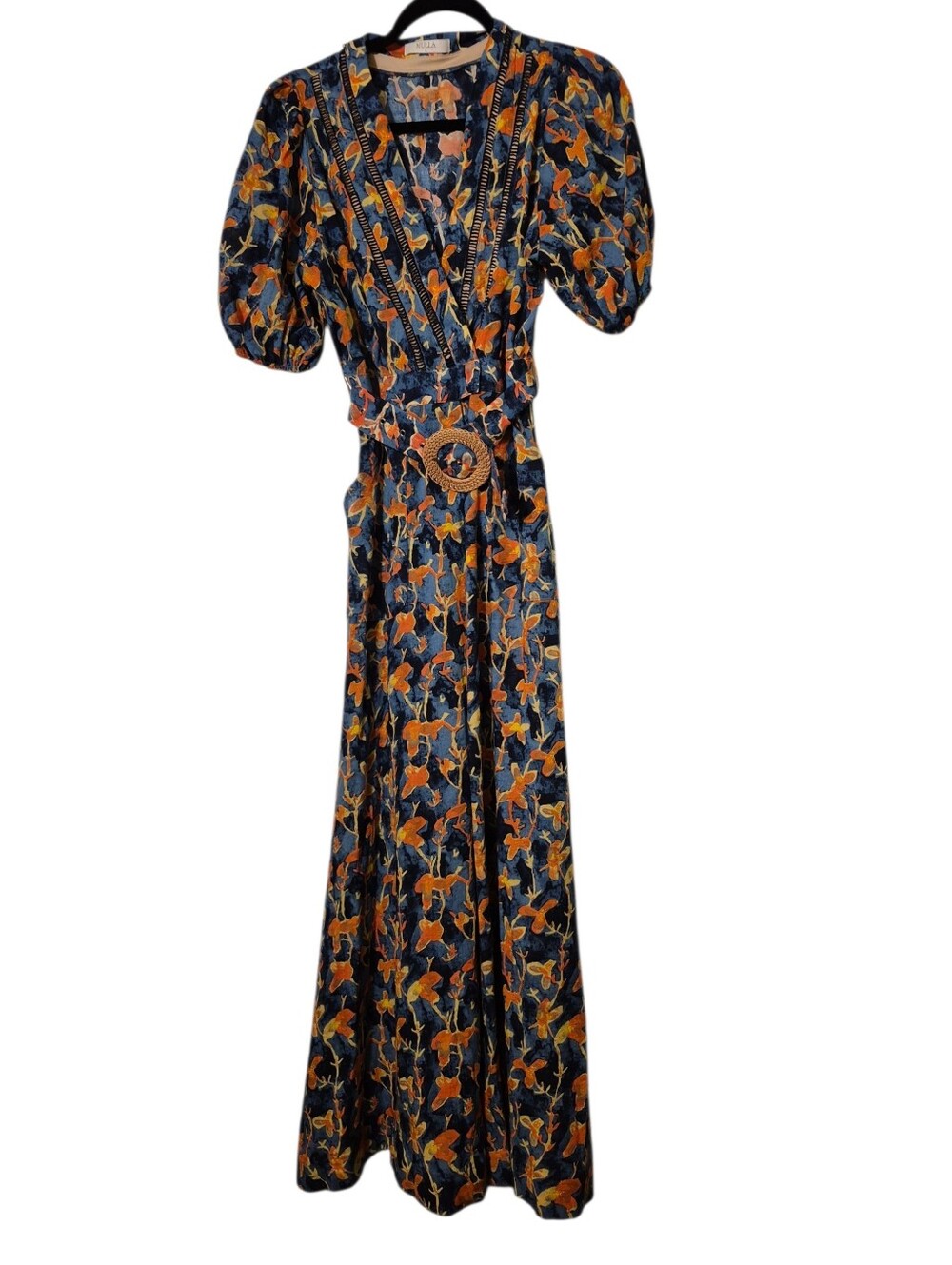 Mulla Blue and Orange Floral Print Belted Jumpsuit Large
